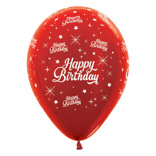Sempertex 30cm Happy Birthday Twinkling Stars Metallic Red Latex Balloons, 6PK