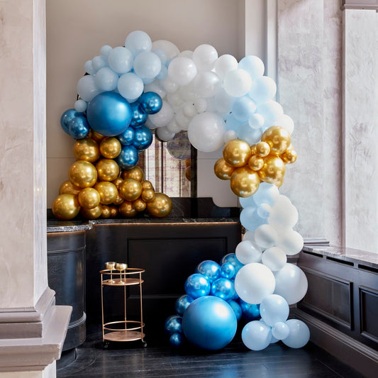 Balloon Arch Large Blues & Gold Chrome
