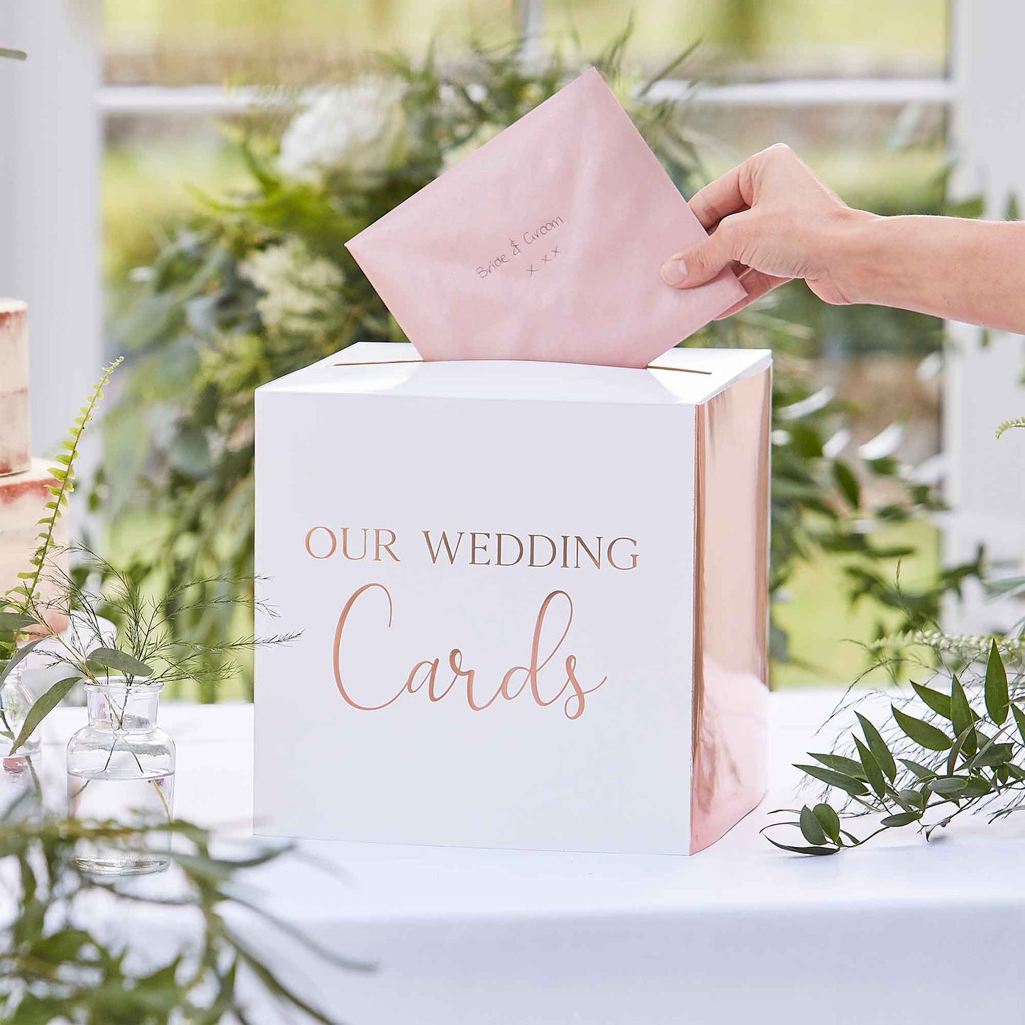 Botanical Wedding Card Box Rose Gold Text