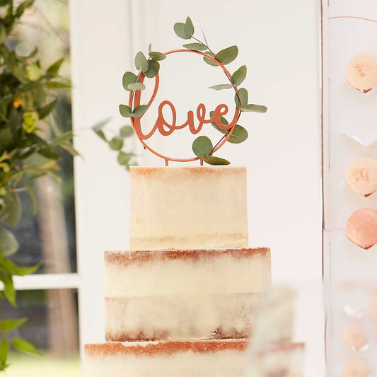 Botanical Wedding Cake Topper Metal Hoop With Wooden Script Writing