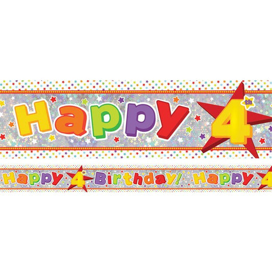 Banner Holographic Happy Birthday 4th Multi-Coloured