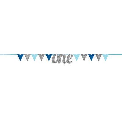 Banner Pennant one Silver & Blue Glittered 20cm x 2.74m