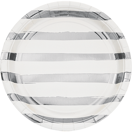 Touch of Colour White & Silver Foil Striped Dinner Plates Paper 22cm