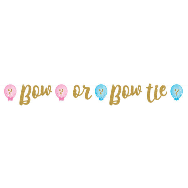 Gender Reveal Balloons Ribbon Banner Glittered Bow or Bow tie 20cm x 1.62m