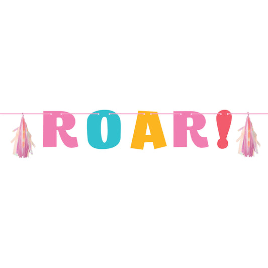 Girl Dino Party Decor Letter Banner ROAR Iridescent with Tassels 20cm x 1.37m