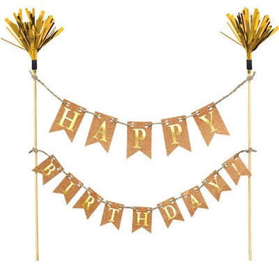 Cake Pick Happy Birthday Gold - Wood with Paper & Foil