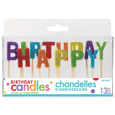 Happy Birthday Pick Candles - Glitter Multi-Coloured with Plastic Picks