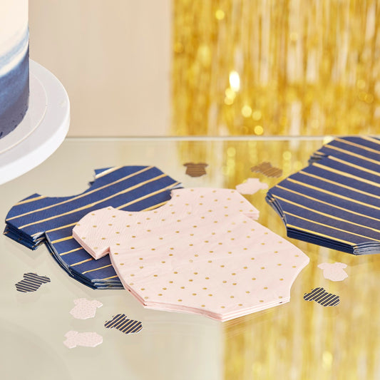 Gender Reveal Gold Foiled Pink And Navy Baby Grow Shaped Napkins