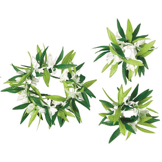 Luau Green Leaf & Flowers Head Wreath & Wristlets Set