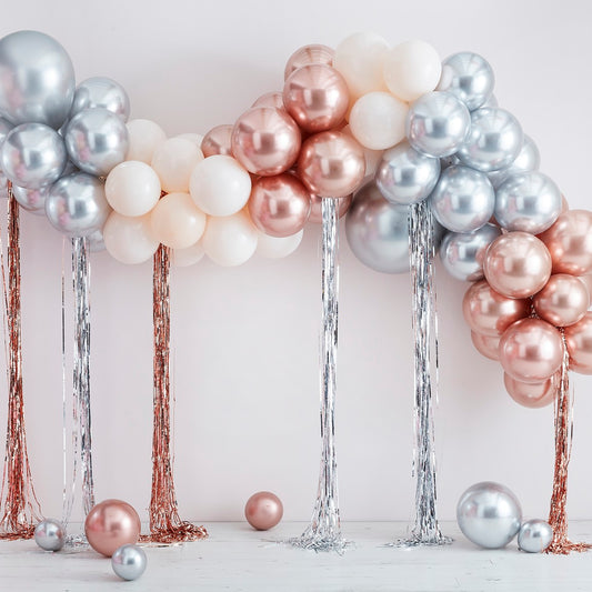 Mix It Up Balloon Arch mixed Metallic Balloon Arch With Fringe Curtain