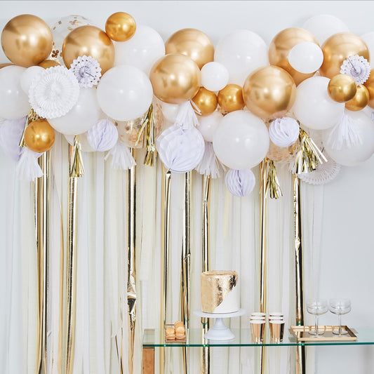 Mix It Up Metallic Fancy Balloon Garland With Gold Fringe Garlands Honeycomb And Fans