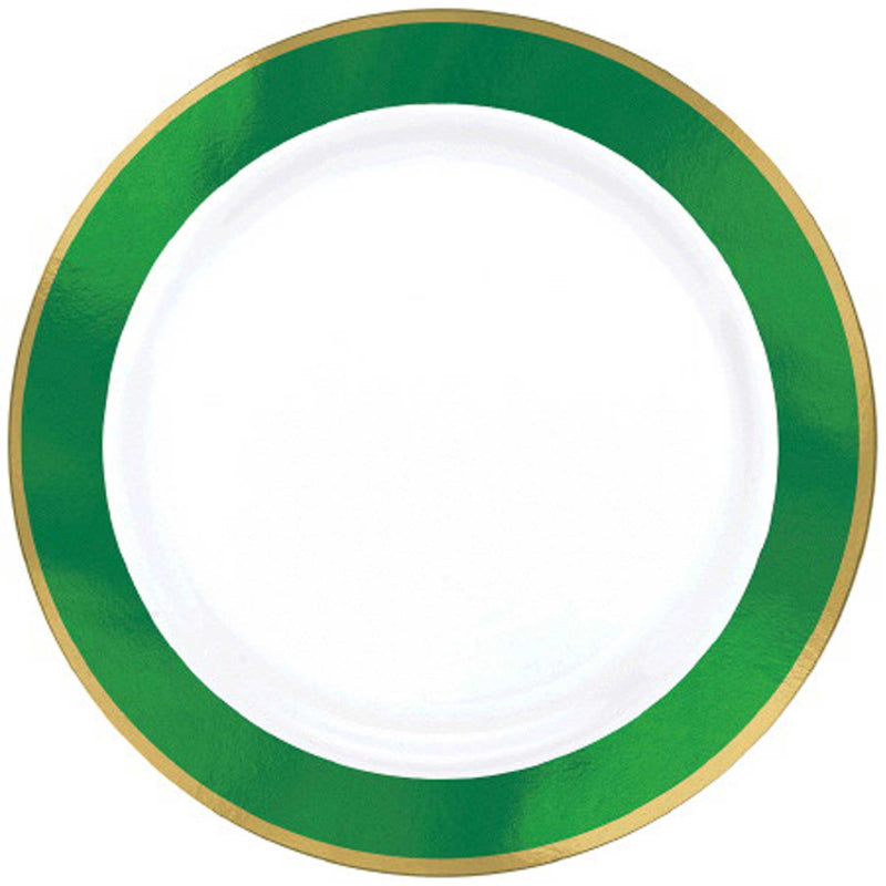 Premium Plastic Plates 19cm White with Festive Green Border