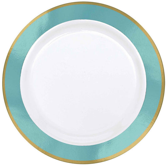 Premium Plastic Plates 25cm White with Robin's Egg Blue Border