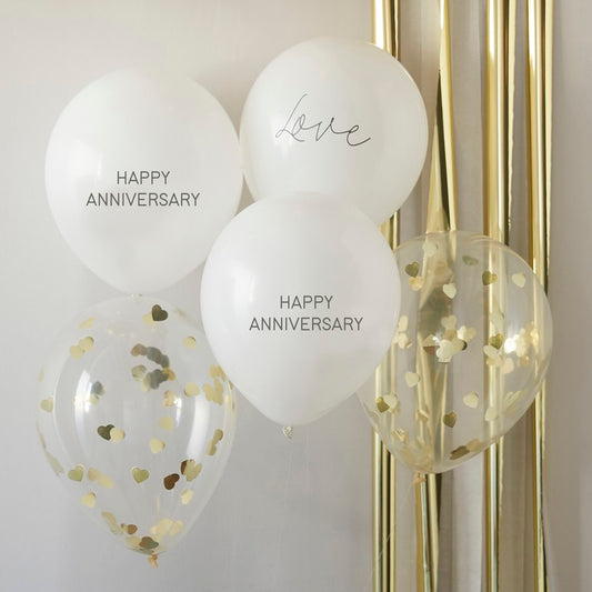 Anniversary Balloon Bundle Happy Anniversary & Heart Confetti White & Gold