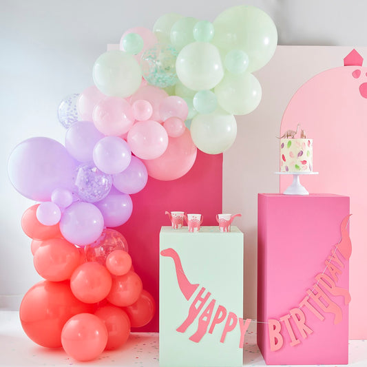 Dino Pink Balloon Arch With Confetti Balloons Pastel