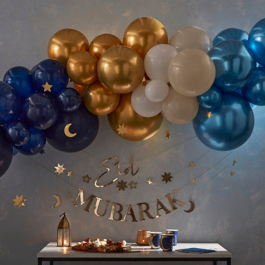 Eid Balloon Garland Mixed Chromes with Hanging Moons & Stars Navy, Gold & White