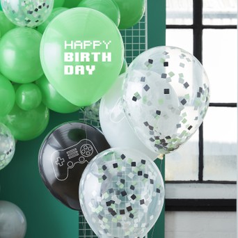 Game Controller Balloon Bundle & Confetti Grey, Green & Black