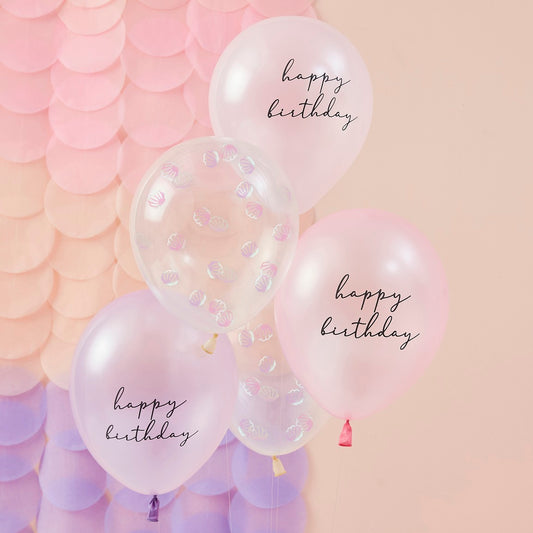 Mermaid Balloon Bundle Shell Confetti & Happy Birthday Printed Chrome Balloons with Tissue Tassel Tails Pink & Lilac