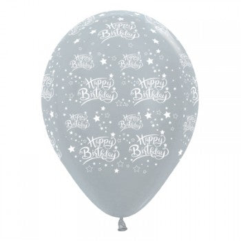 Sempertex 30cm Happy Birthday Stars Satin Pearl Silver Latex Balloons, 25PK