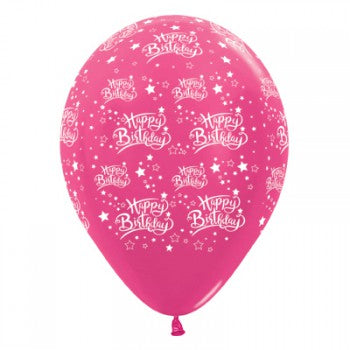 Sempertex 30cm Happy Birthday Stars Metallic Fuchsia Latex Balloons, 6PK