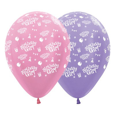 Sempertex 30cm Birthday Girl Satin Pearl Pink & Lilac Latex Balloons, 6PK