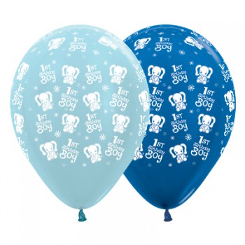 Sempertex 30cm 1st Birthday Boy Elephants Satin Pearl Blue & Metallic Blue Latex Balloons, 6PK