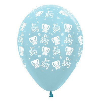 Sempertex 30cm 1st Birthday Boy Elephants Satin Pearl Blue Latex Balloons, 6PK