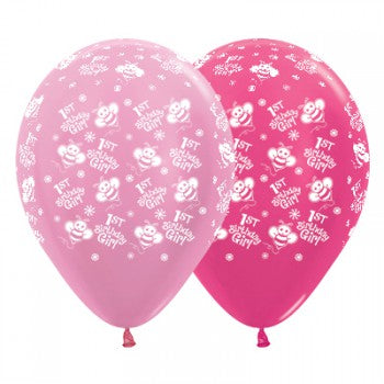 Sempertex 30cm 1st Birthday Girl Bumble Bee's Satin Pearl Pink & Metallic Fuchsia Latex Balloons, 25PK