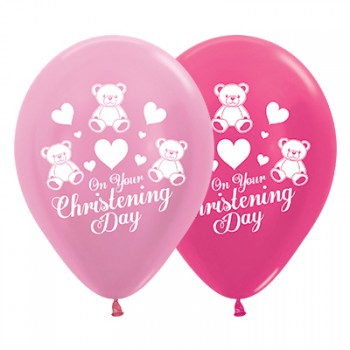 Sempertex 30cm On Your Christening Day Satin Pearl Pink & Metallic Fuchsia Latex Balloons, 6PK