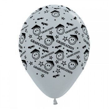 Sempertex 30cm Graduation Smiley Faces Satin Pearl Silver Latex Balloons, 6PK