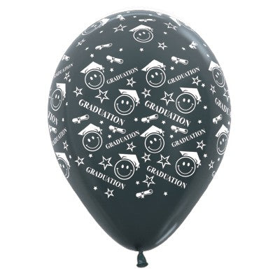 Sempertex 30cm Graduation Smiley Faces Metallic Graphite Latex Balloons, 6PK