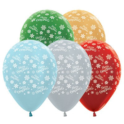 Sempertex 30cm Merry Christmas Snowflakes Satin Pearl & Metallic Assorted Latex Balloons, 25PK