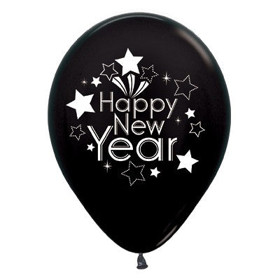 Sempertex 30cm Happy New Year Metallic Black Latex Balloons, 6PK