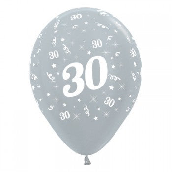 Sempertex 30cm Age 30 Satin Pearl Silver Latex Balloons, 25PK
