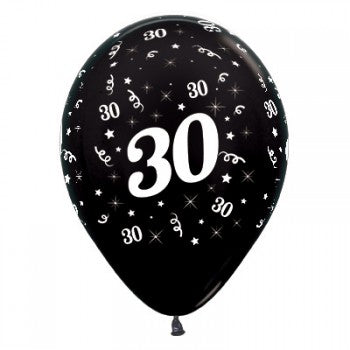 Sempertex 30cm Age 30 Metallic Black Latex Balloons, 25PK