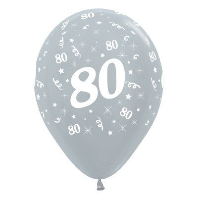 Sempertex 30cm Age 80 Satin Pearl Silver Latex Balloons, 25PK