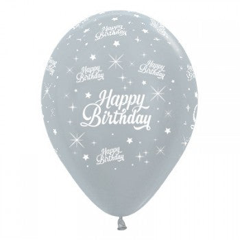 Sempertex 30cm Happy Birthday Twinkling Stars Satin Pearl Silver Latex Balloons, 6PK
