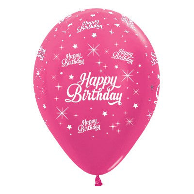 Sempertex 30cm Happy Birthday Twinkling Stars Metallic Fuchsia Latex Balloons, 6PK