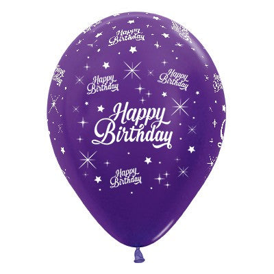 Sempertex 30cm Happy Birthday Twinkling Stars Metallic Purple Violet Latex Balloons, 6PK