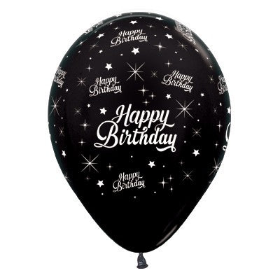 Sempertex 30cm Happy Birthday Twinkling Stars Metallic Black Latex Balloons, 6PK