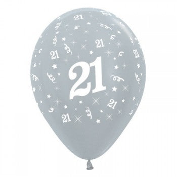 Sempertex 30cm Age 21 Satin Pearl Silver Latex Balloons, 6PK