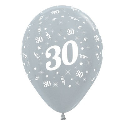 Sempertex 30cm Age 30 Satin Pearl Silver Latex Balloons, 6PK