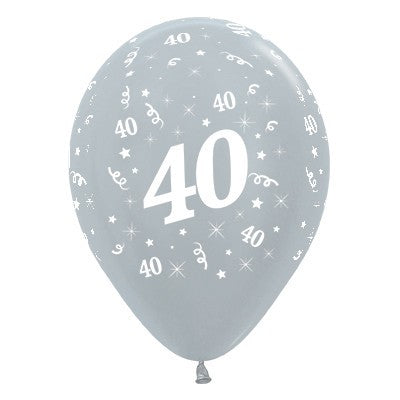 Sempertex 30cm Age 40 Satin Pearl Silver Latex Balloons, 6PK