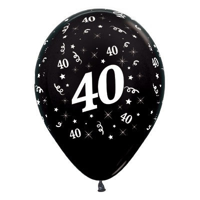 Sempertex 30cm Age 40 Metallic Black Latex Balloons, 6PK