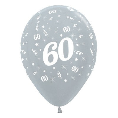 Sempertex 30cm Age 60 Satin Pearl Silver Latex Balloons, 6PK