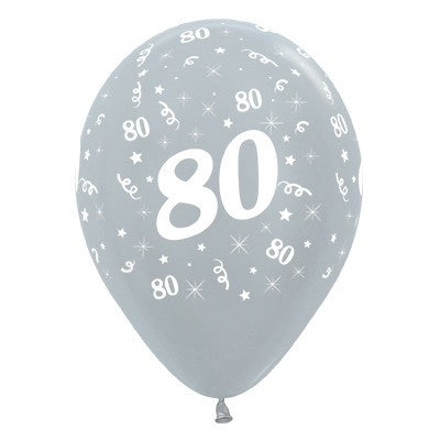 Sempertex 30cm Age 80 Satin Pearl Silver Latex Balloons, 6PK