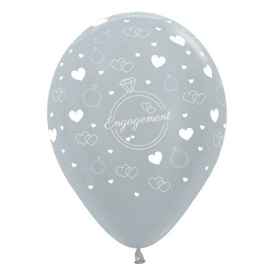 Sempertex 30cm Engagement Diamond Rings & Hearts Satin Pearl Silver Latex Balloons, 6PK