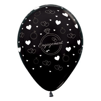 Sempertex 30cm Engagement Diamond Rings & Hearts Metallic Black Latex Balloons, 6PK