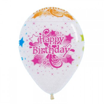 Sempertex 30cm Happy Birthday Crystal Clear & Neon Latex Balloons, 12PK