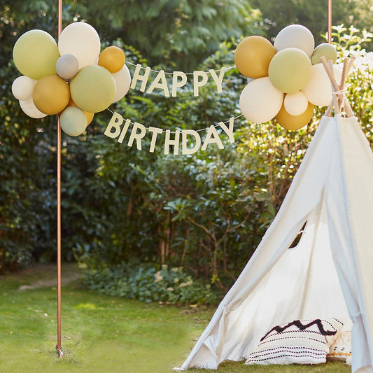 Wild Jungle Bunting Happy Birthday with Balloons Green, Grey, Sand & Gold Chrome